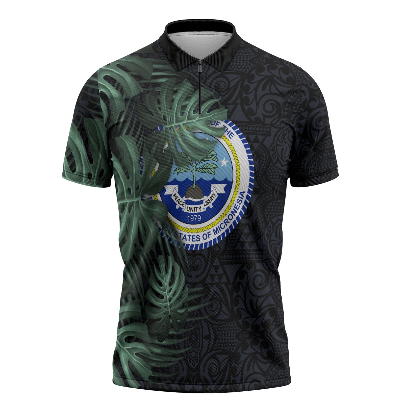 Federated States Of Micronesia Zipper Polo Shirt FSM Tropical Monstera Leaf Dark Tribal Pattern TS04 Black Green - Polynesian Pride