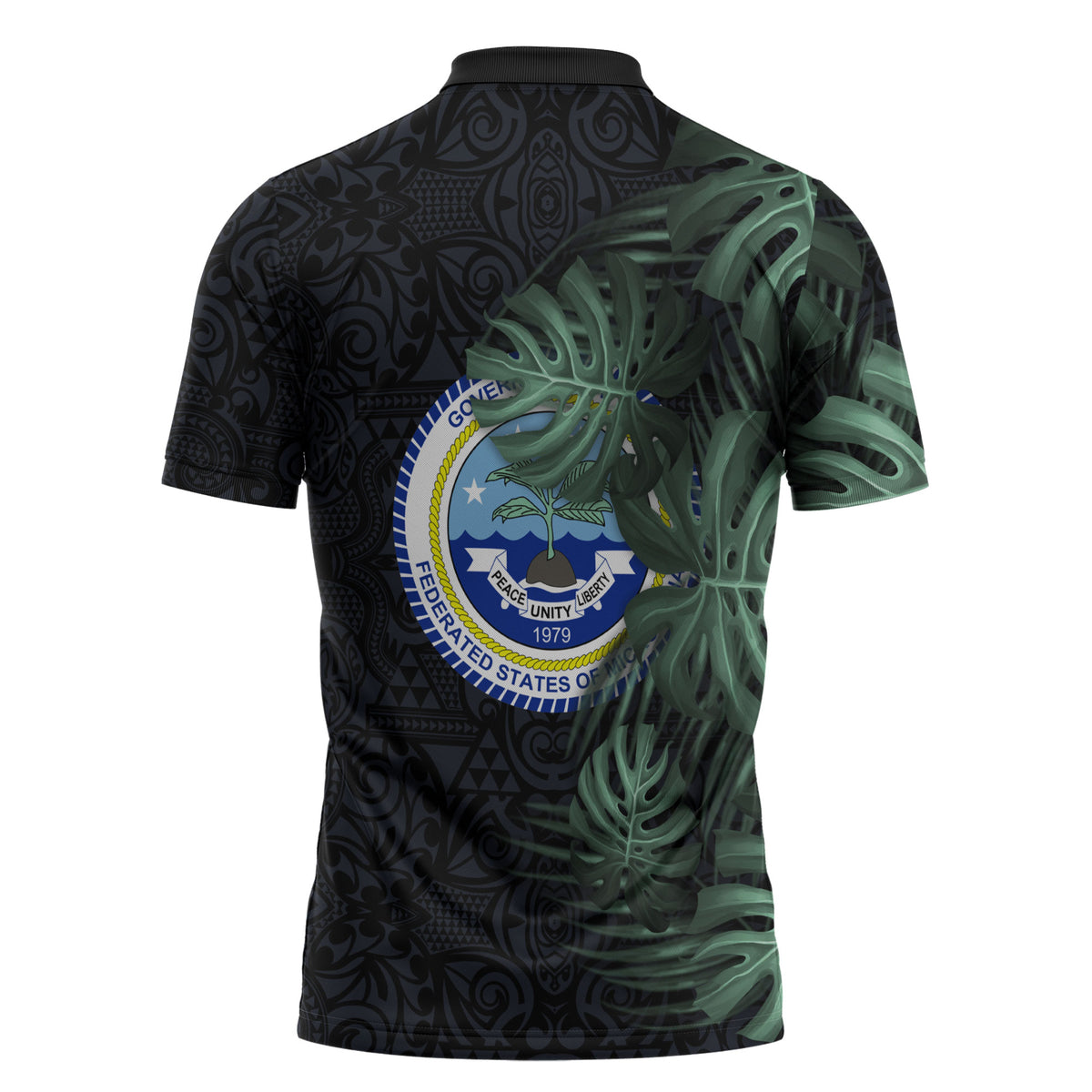 Federated States Of Micronesia Zipper Polo Shirt FSM Tropical Monstera Leaf Dark Tribal Pattern TS04 - Polynesian Pride