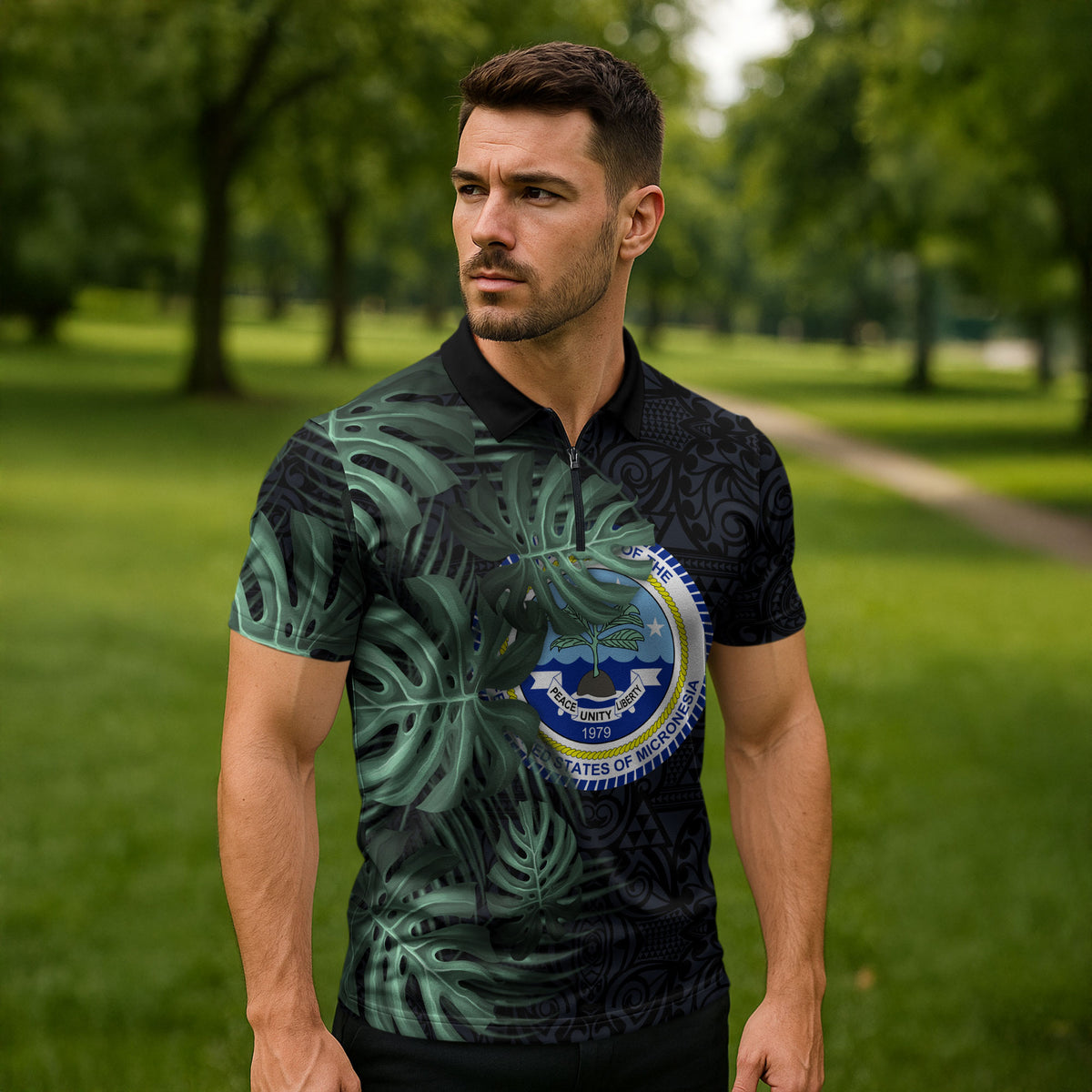 Federated States Of Micronesia Zipper Polo Shirt FSM Tropical Monstera Leaf Dark Tribal Pattern TS04 - Polynesian Pride