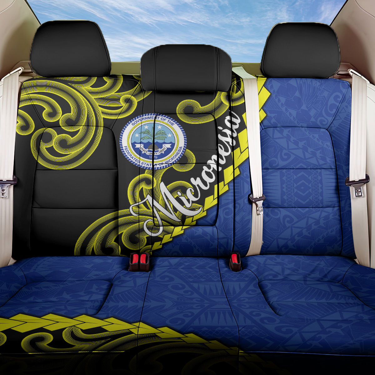 Federated States Of Micronesia FSM Back Car Seat Cover Pacific Islander Tribal Swirl Geometric Pattern TS04 One Size Black Blue - Polynesian Pride