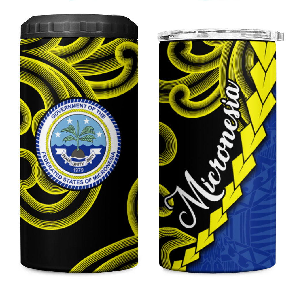 Federated States Of Micronesia FSM 4 in 1 Can Cooler Tumbler Pacific Islander Tribal Swirl Geometric Pattern TS04 One Size: 16 oz Black Blue - Polynesian Pride