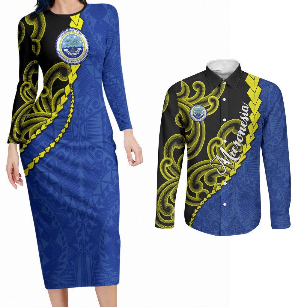 Federated States Of Micronesia FSM Couples Matching Long Sleeve Bodycon Dress and Long Sleeve Button Shirt Pacific Islander Tribal Swirl Geometric Pattern TS04 Black Blue - Polynesian Pride