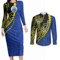 Federated States Of Micronesia FSM Couples Matching Long Sleeve Bodycon Dress and Long Sleeve Button Shirt Pacific Islander Tribal Swirl Geometric Pattern TS04 Black Blue - Polynesian Pride