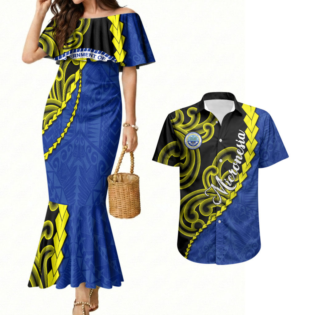 Federated States Of Micronesia FSM Couples Matching Mermaid Dress and Hawaiian Shirt Pacific Islander Tribal Swirl Geometric Pattern TS04 Black Blue - Polynesian Pride