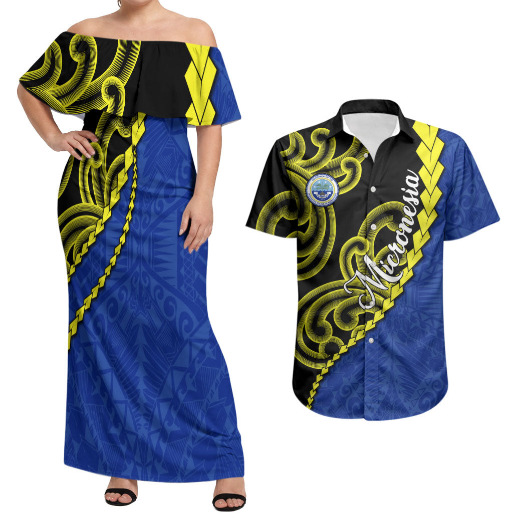 Federated States Of Micronesia FSM Couples Matching Off Shoulder Maxi Dress and Hawaiian Shirt Pacific Islander Tribal Swirl Geometric Pattern TS04 Black Blue - Polynesian Pride
