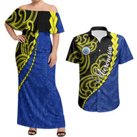 Federated States Of Micronesia FSM Couples Matching Off Shoulder Maxi Dress and Hawaiian Shirt Pacific Islander Tribal Swirl Geometric Pattern TS04 Black Blue - Polynesian Pride