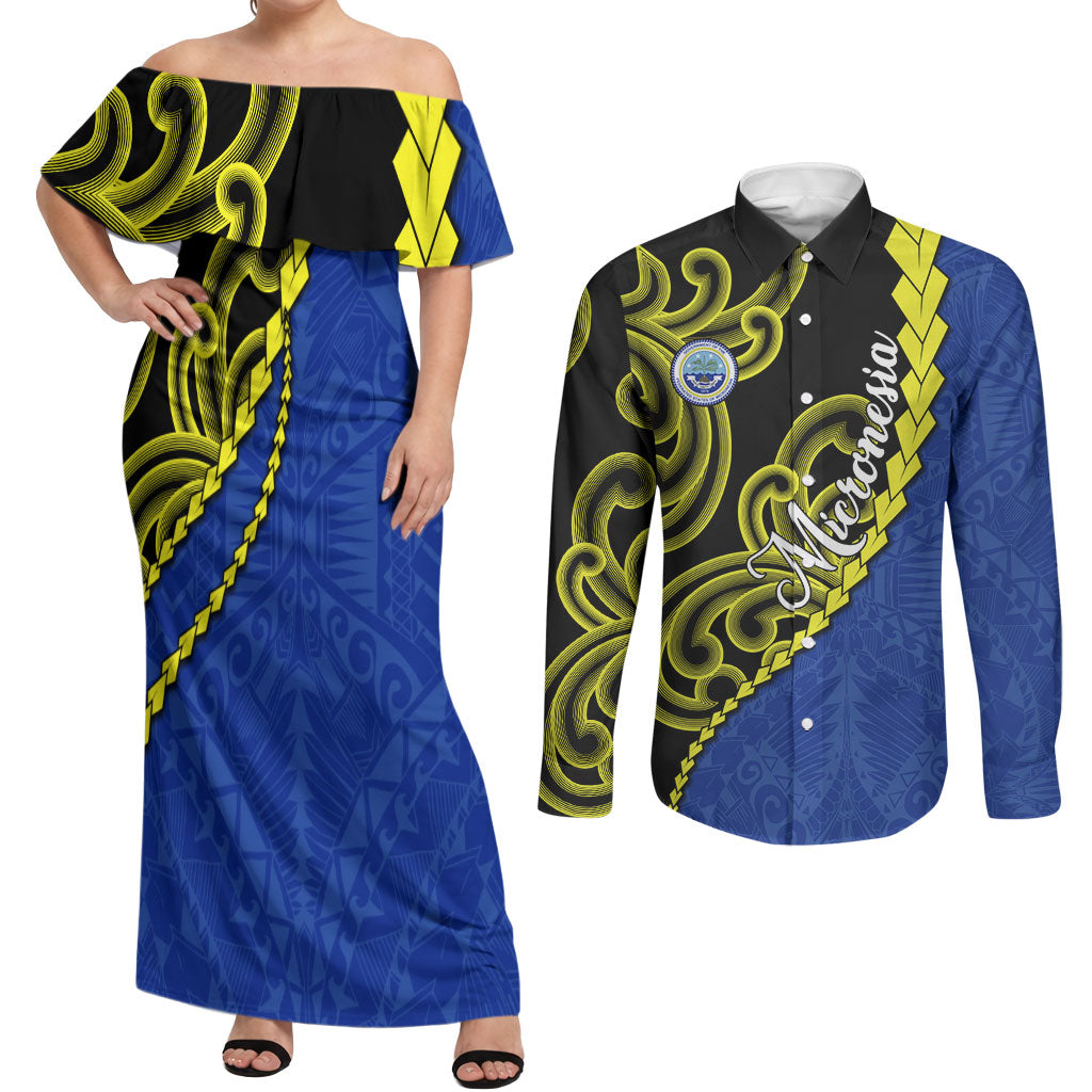 Federated States Of Micronesia FSM Couples Matching Off Shoulder Maxi Dress and Long Sleeve Button Shirt Pacific Islander Tribal Swirl Geometric Pattern TS04 Black Blue - Polynesian Pride
