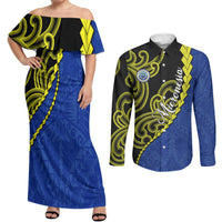 Federated States Of Micronesia FSM Couples Matching Off Shoulder Maxi Dress and Long Sleeve Button Shirt Pacific Islander Tribal Swirl Geometric Pattern TS04 Black Blue - Polynesian Pride