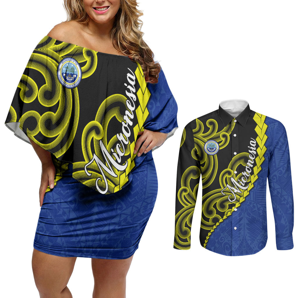 Federated States Of Micronesia FSM Couples Matching Off Shoulder Short Dress and Long Sleeve Button Shirt Pacific Islander Tribal Swirl Geometric Pattern TS04 Black Blue - Polynesian Pride