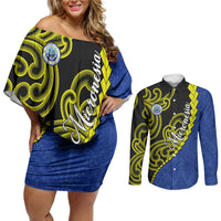 Federated States Of Micronesia FSM Couples Matching Off Shoulder Short Dress and Long Sleeve Button Shirt Pacific Islander Tribal Swirl Geometric Pattern TS04 Black Blue - Polynesian Pride