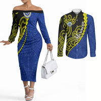Federated States Of Micronesia FSM Couples Matching Off The Shoulder Long Sleeve Dress and Long Sleeve Button Shirt Pacific Islander Tribal Swirl Geometric Pattern TS04 Black Blue - Polynesian Pride