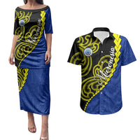 Federated States Of Micronesia FSM Couples Matching Puletasi and Hawaiian Shirt Pacific Islander Tribal Swirl Geometric Pattern TS04 Black Blue - Polynesian Pride