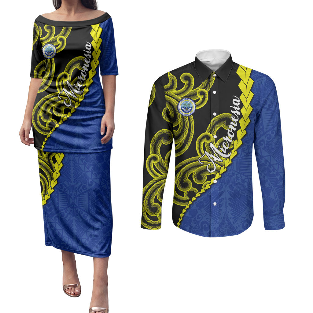 Federated States Of Micronesia FSM Couples Matching Puletasi and Long Sleeve Button Shirt Pacific Islander Tribal Swirl Geometric Pattern TS04 Black Blue - Polynesian Pride