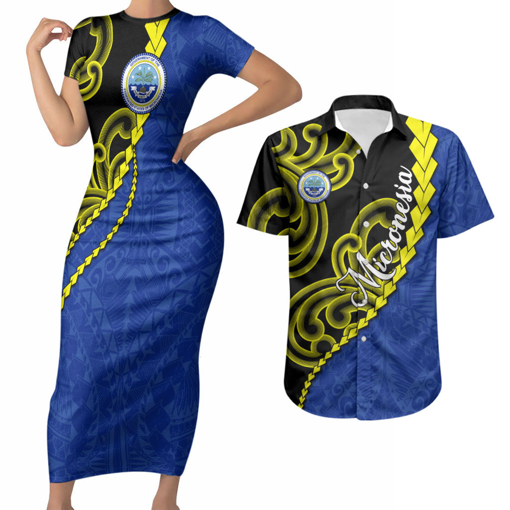Federated States Of Micronesia FSM Couples Matching Short Sleeve Bodycon Dress and Hawaiian Shirt Pacific Islander Tribal Swirl Geometric Pattern TS04 Black Blue - Polynesian Pride