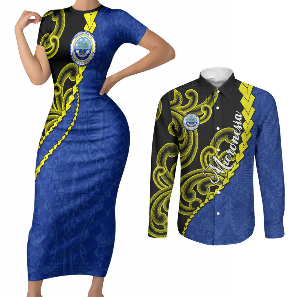 Federated States Of Micronesia FSM Couples Matching Short Sleeve Bodycon Dress and Long Sleeve Button Shirt Pacific Islander Tribal Swirl Geometric Pattern TS04 Black Blue - Polynesian Pride