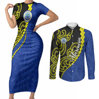 Federated States Of Micronesia FSM Couples Matching Short Sleeve Bodycon Dress and Long Sleeve Button Shirt Pacific Islander Tribal Swirl Geometric Pattern TS04 Black Blue - Polynesian Pride