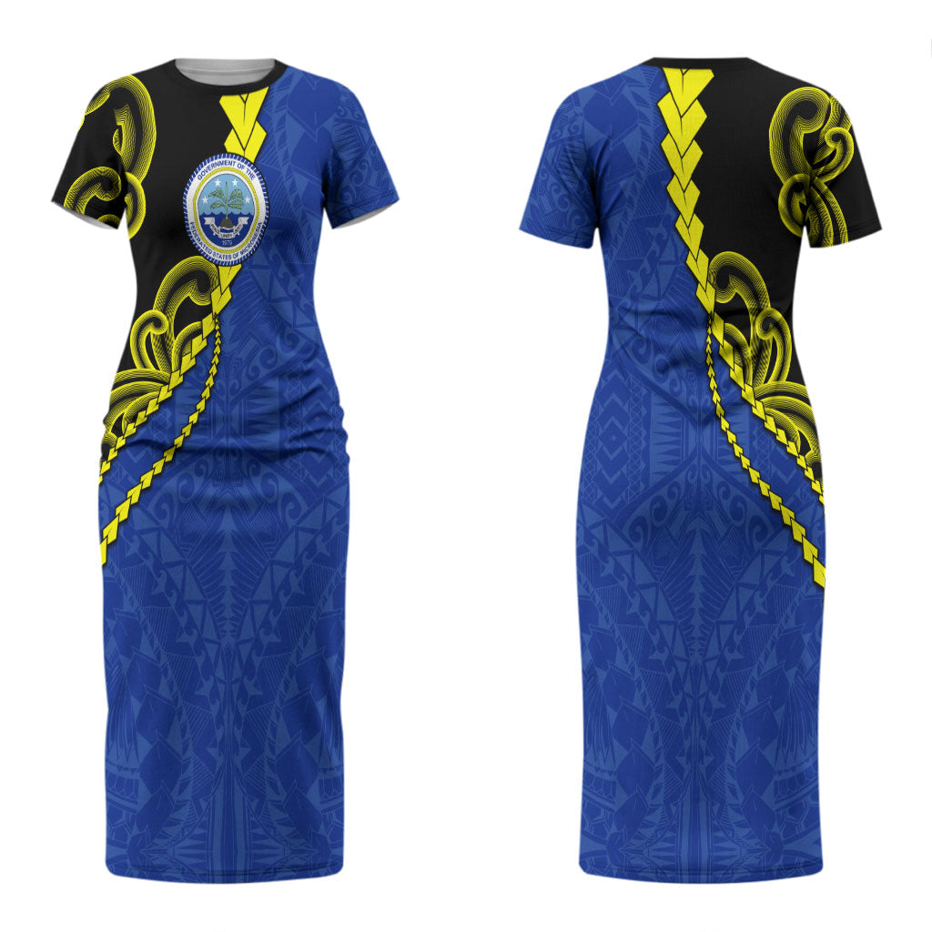 Federated States Of Micronesia FSM Couples Matching Short Sleeve Bodycon Dress and Long Sleeve Button Shirt Pacific Islander Tribal Swirl Geometric Pattern TS04 - Polynesian Pride