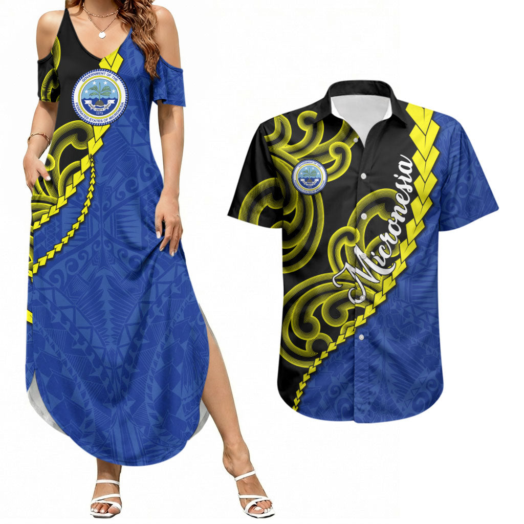 Federated States Of Micronesia FSM Couples Matching Summer Maxi Dress and Hawaiian Shirt Pacific Islander Tribal Swirl Geometric Pattern TS04 Black Blue - Polynesian Pride