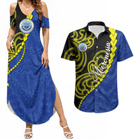 Federated States Of Micronesia FSM Couples Matching Summer Maxi Dress and Hawaiian Shirt Pacific Islander Tribal Swirl Geometric Pattern TS04 Black Blue - Polynesian Pride