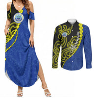 Federated States Of Micronesia FSM Couples Matching Summer Maxi Dress and Long Sleeve Button Shirt Pacific Islander Tribal Swirl Geometric Pattern TS04 Black Blue - Polynesian Pride