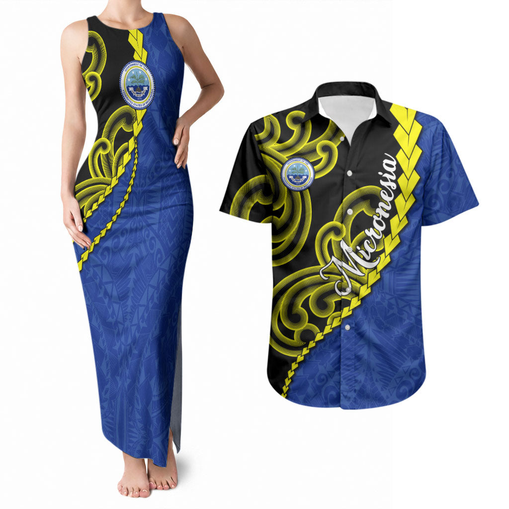 Federated States Of Micronesia FSM Couples Matching Tank Maxi Dress and Hawaiian Shirt Pacific Islander Tribal Swirl Geometric Pattern TS04 Black Blue - Polynesian Pride
