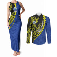 Federated States Of Micronesia FSM Couples Matching Tank Maxi Dress and Long Sleeve Button Shirt Pacific Islander Tribal Swirl Geometric Pattern TS04 Black Blue - Polynesian Pride
