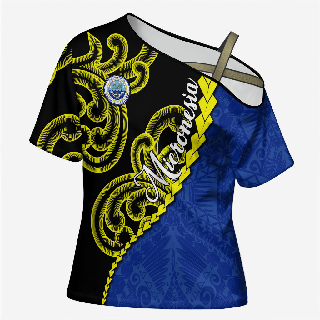 Federated States Of Micronesia FSM Cross Shoulder Shirt Pacific Islander Tribal Swirl Geometric Pattern TS04 Female Black Blue - Polynesian Pride