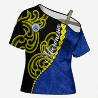 Federated States Of Micronesia FSM Cross Shoulder Shirt Pacific Islander Tribal Swirl Geometric Pattern TS04 Female Black Blue - Polynesian Pride