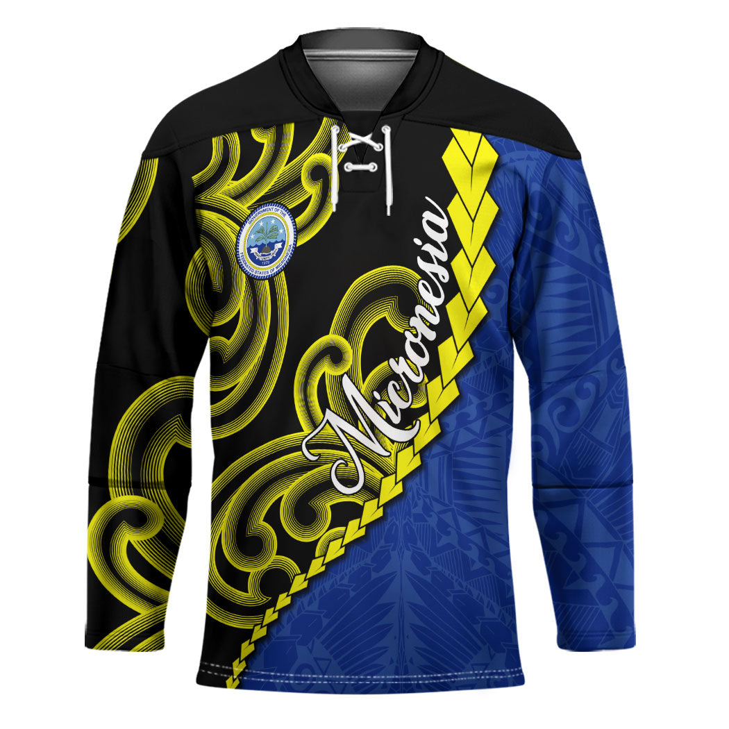 Federated States Of Micronesia FSM Hockey Jersey Pacific Islander Tribal Swirl Geometric Pattern TS04 Unisex Black Blue - Polynesian Pride