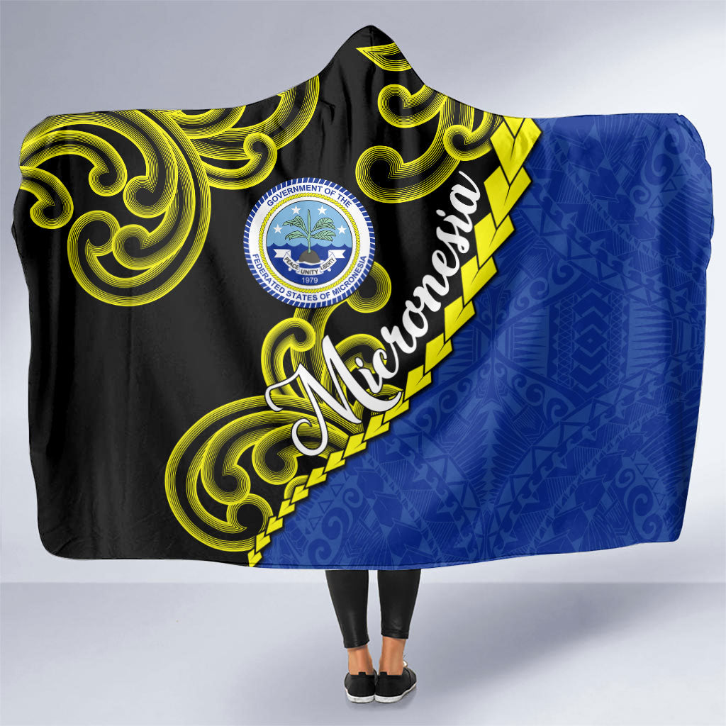 Federated States Of Micronesia FSM Hooded Blanket Pacific Islander Tribal Swirl Geometric Pattern TS04 One Size Black Blue - Polynesian Pride