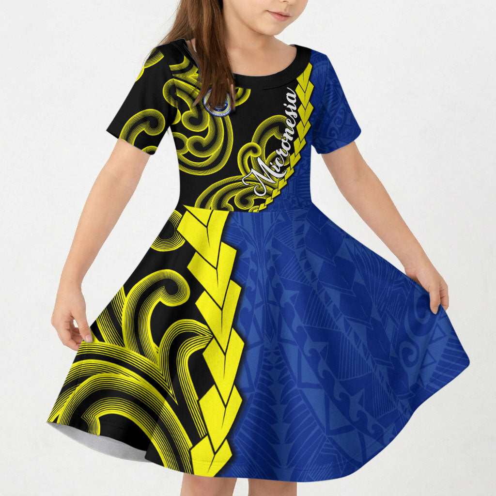 Federated States Of Micronesia FSM Kid Short Sleeve Dress Pacific Islander Tribal Swirl Geometric Pattern TS04 KID Black Blue - Polynesian Pride