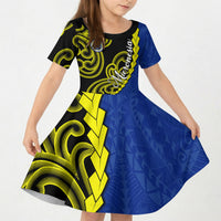 Federated States Of Micronesia FSM Kid Short Sleeve Dress Pacific Islander Tribal Swirl Geometric Pattern TS04 KID Black Blue - Polynesian Pride