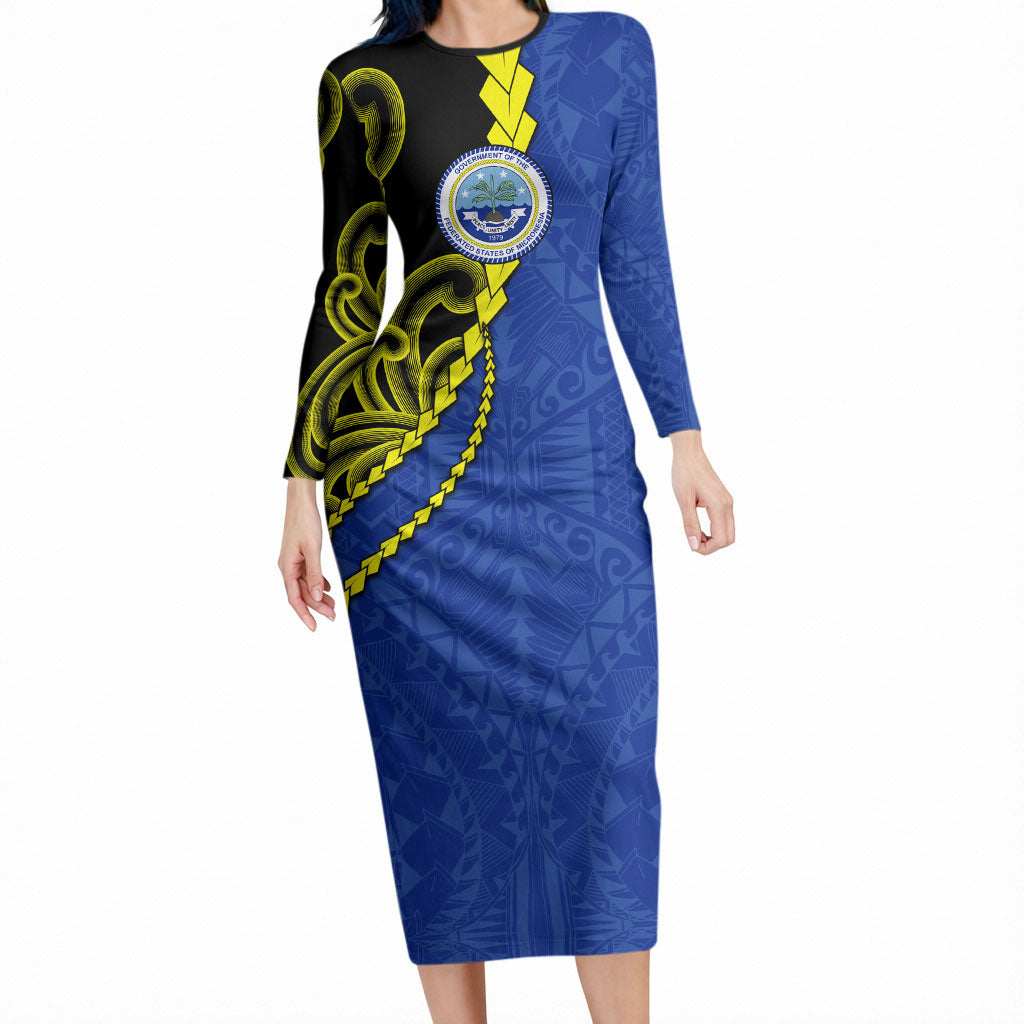 Federated States Of Micronesia FSM Long Sleeve Bodycon Dress Pacific Islander Tribal Swirl Geometric Pattern TS04 Long Dress Black Blue - Polynesian Pride