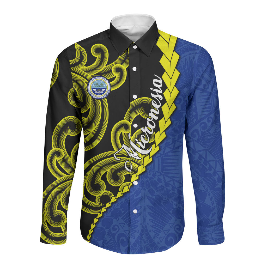 Federated States Of Micronesia FSM Long Sleeve Button Shirt Pacific Islander Tribal Swirl Geometric Pattern TS04 Unisex Black Blue - Polynesian Pride