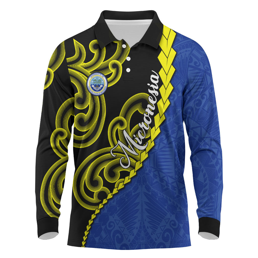 Federated States Of Micronesia FSM Long Sleeve Polo Shirt Pacific Islander Tribal Swirl Geometric Pattern TS04 Black Blue - Polynesian Pride
