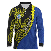 Federated States Of Micronesia FSM Long Sleeve Polo Shirt Pacific Islander Tribal Swirl Geometric Pattern TS04 Black Blue - Polynesian Pride