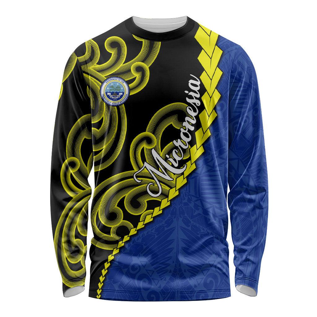 Federated States Of Micronesia FSM Long Sleeve Shirt Pacific Islander Tribal Swirl Geometric Pattern TS04 Unisex Black Blue - Polynesian Pride