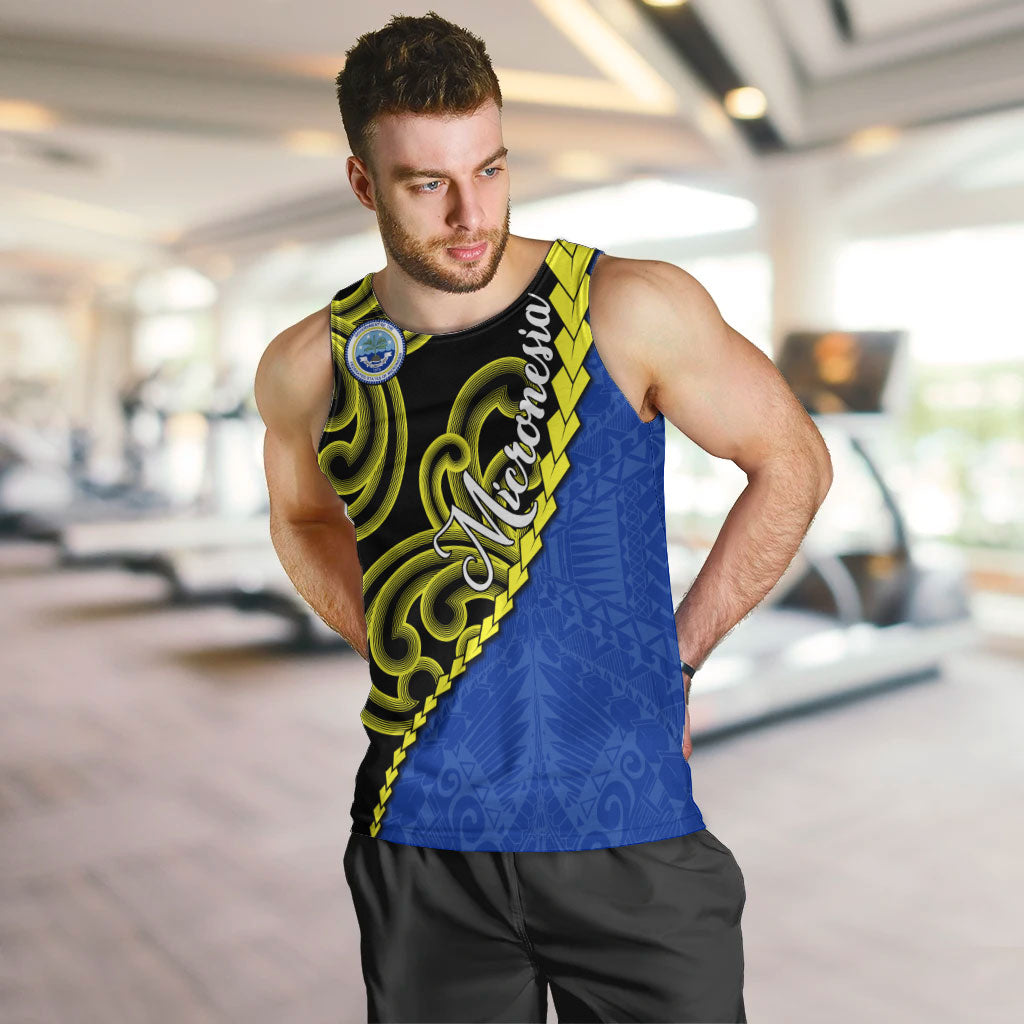 Federated States Of Micronesia FSM Men Tank Top Pacific Islander Tribal Swirl Geometric Pattern TS04 Black Blue - Polynesian Pride