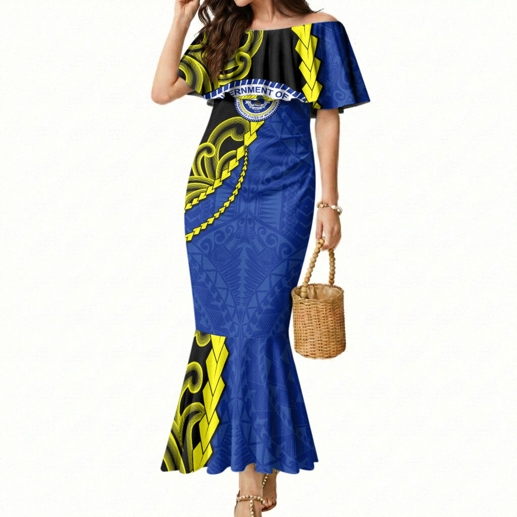 Federated States Of Micronesia FSM Mermaid Dress Pacific Islander Tribal Swirl Geometric Pattern TS04 Women Black Blue - Polynesian Pride