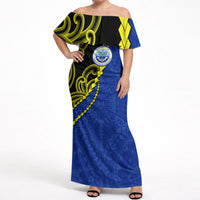 Federated States Of Micronesia FSM Off Shoulder Maxi Dress Pacific Islander Tribal Swirl Geometric Pattern TS04 Women Black Blue - Polynesian Pride