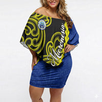 Federated States Of Micronesia FSM Off Shoulder Short Dress Pacific Islander Tribal Swirl Geometric Pattern TS04 Women Black Blue - Polynesian Pride