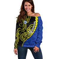 Federated States Of Micronesia FSM Off Shoulder Sweater Pacific Islander Tribal Swirl Geometric Pattern TS04 Women Black Blue - Polynesian Pride