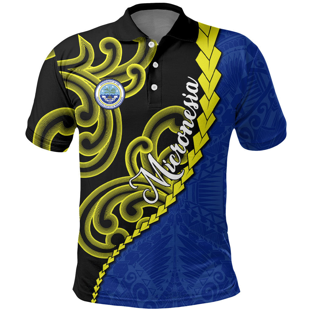 Federated States Of Micronesia FSM Polo Shirt Pacific Islander Tribal Swirl Geometric Pattern TS04 Black Blue - Polynesian Pride