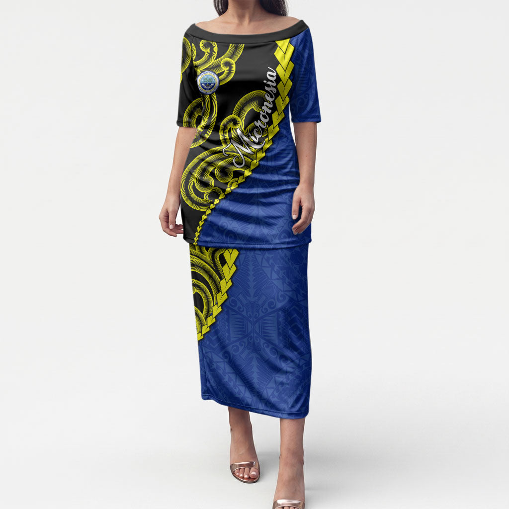 Federated States Of Micronesia FSM Puletasi Pacific Islander Tribal Swirl Geometric Pattern TS04 Long Dress Black Blue - Polynesian Pride
