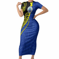 Federated States Of Micronesia FSM Short Sleeve Bodycon Dress Pacific Islander Tribal Swirl Geometric Pattern TS04 Long Dress Black Blue - Polynesian Pride