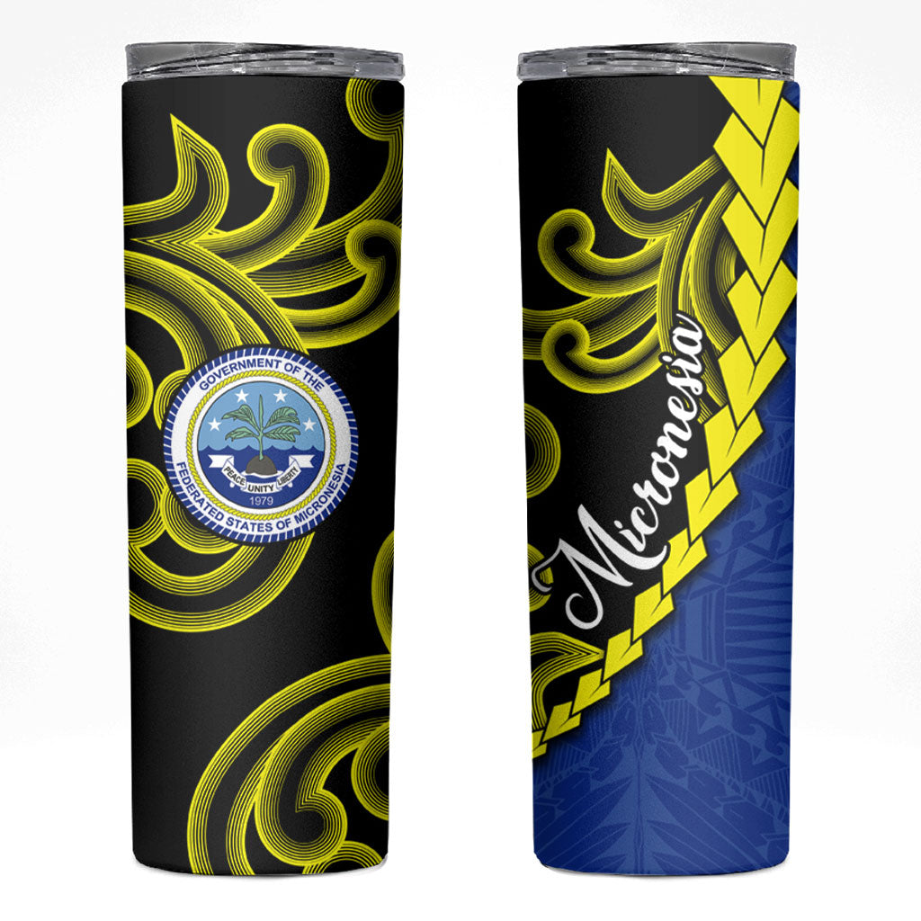 Federated States Of Micronesia FSM Skinny Tumbler Pacific Islander Tribal Swirl Geometric Pattern TS04 Black Blue - Polynesian Pride