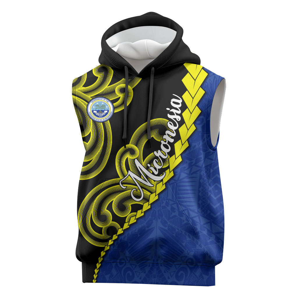Federated States Of Micronesia FSM Sleeveless Hoodie Pacific Islander Tribal Swirl Geometric Pattern TS04 Black Blue - Polynesian Pride