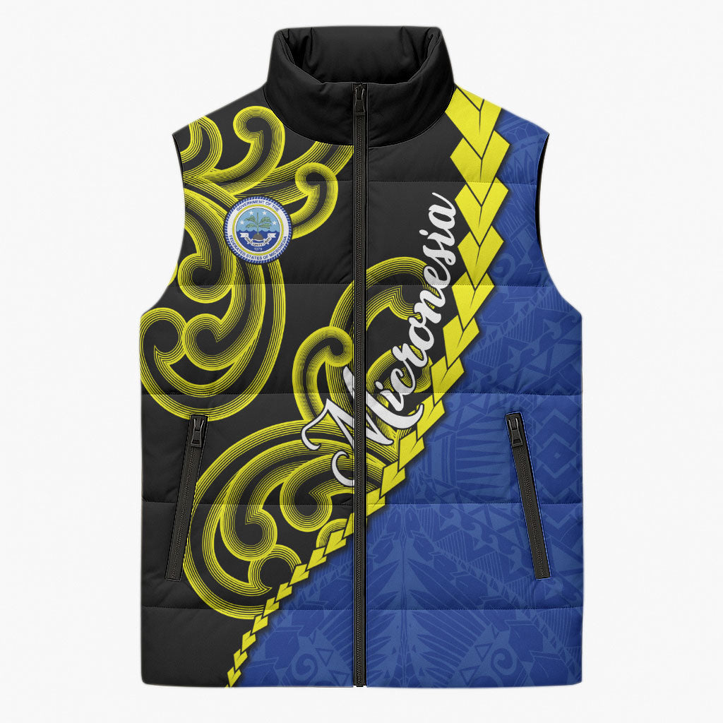 Federated States Of Micronesia FSM Sleeveless Puffer Jacket Pacific Islander Tribal Swirl Geometric Pattern TS04 Unisex Black Blue - Polynesian Pride