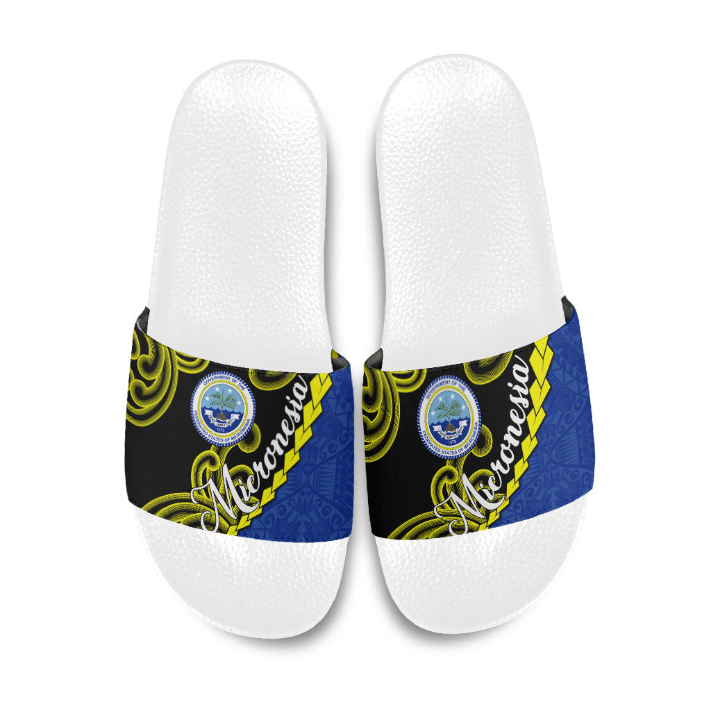 Federated States Of Micronesia FSM Slide Sandals Pacific Islander Tribal Swirl Geometric Pattern TS04 Black Blue - Polynesian Pride