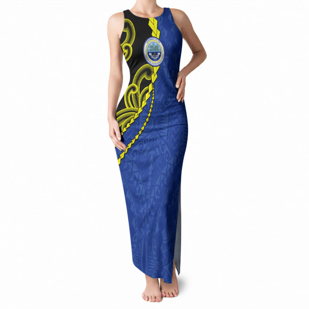 Federated States Of Micronesia FSM Tank Maxi Dress Pacific Islander Tribal Swirl Geometric Pattern TS04 Women Black Blue - Polynesian Pride